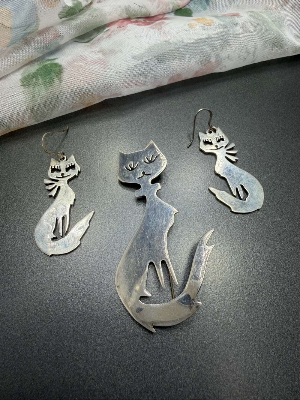 Sterling Silver Cat Brooch and Pierced Earring Set #1STBRO
